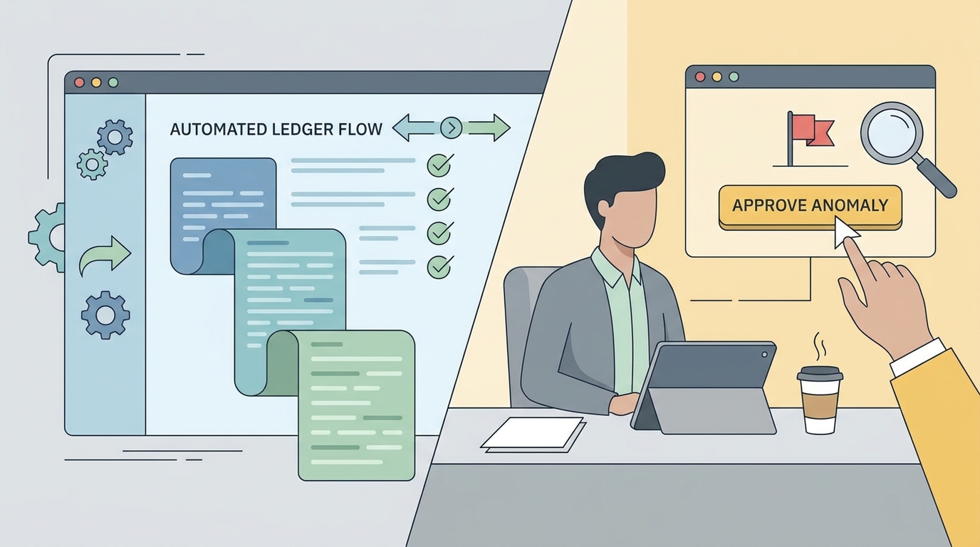 Sleek editorial illustration representing the human-in-the-loop Review-by-Exception model